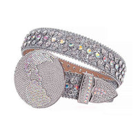 Globe Style World Buckle Silver White Strap With White & Multi Embellished Rhinestone Belt
