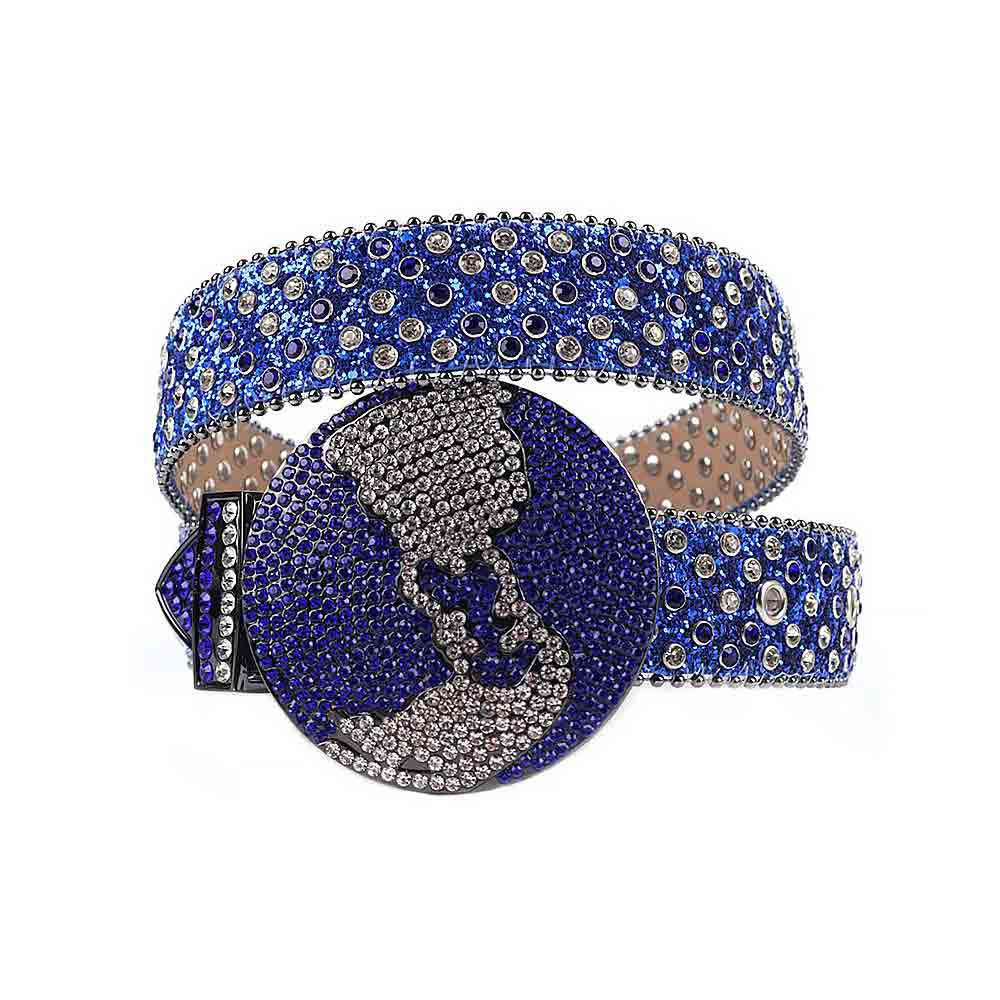 Globe Buckle Rhinestones Leather Waist Belt Blue With Circle Shape Blue And White Gems