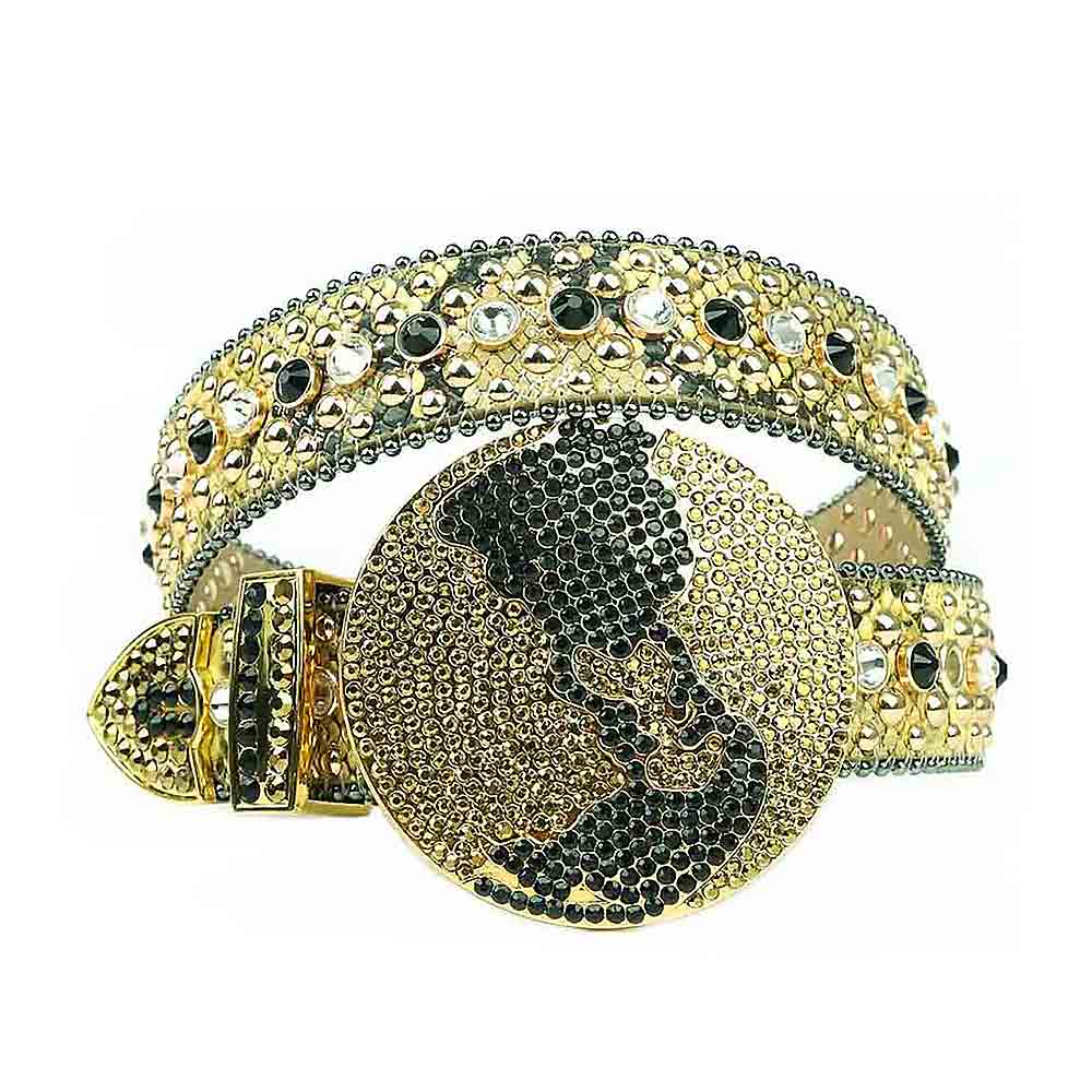 Globe Rhinestone Gold Belt And Black, Gold & Transparent Gems Big Globe Gold Buckle Adorned With Black & Gold Rhinestones
