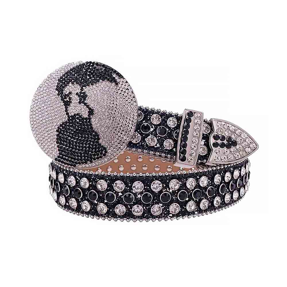 Globe Rhinestones Leather Waist Belt Black With Globe Shape Black And White Studs