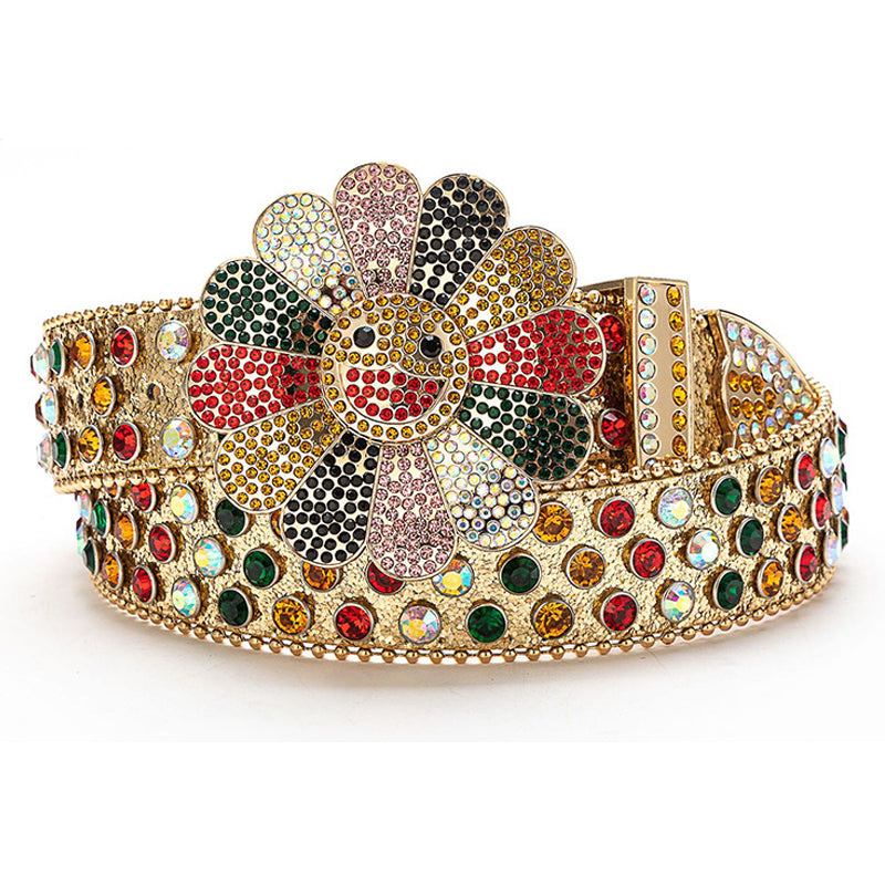 Gold Smiley Flower Crystal Rhinestone Western Belt