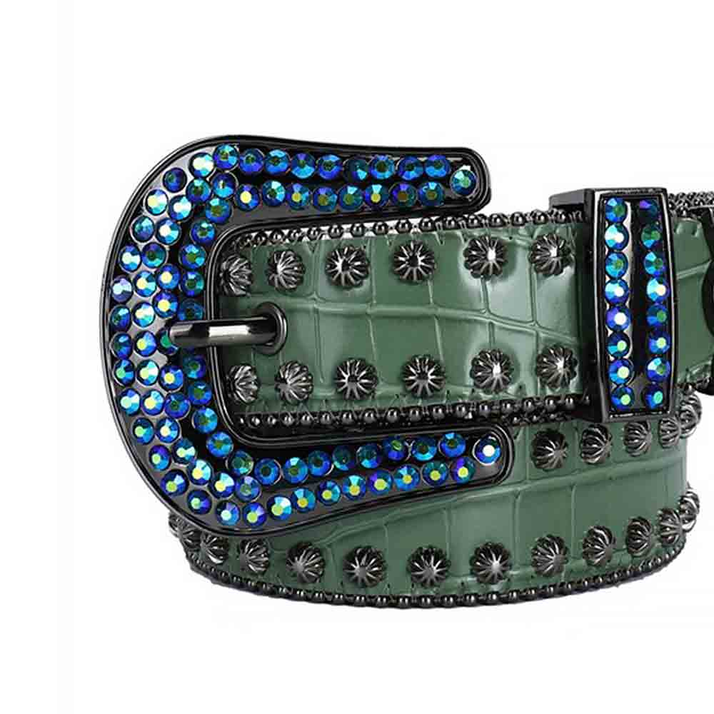 Green Leather Strap With Blue Crystal Shimmer Studs Belt