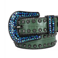Green Leather Strap With Blue Crystal Shimmer Studs Belt