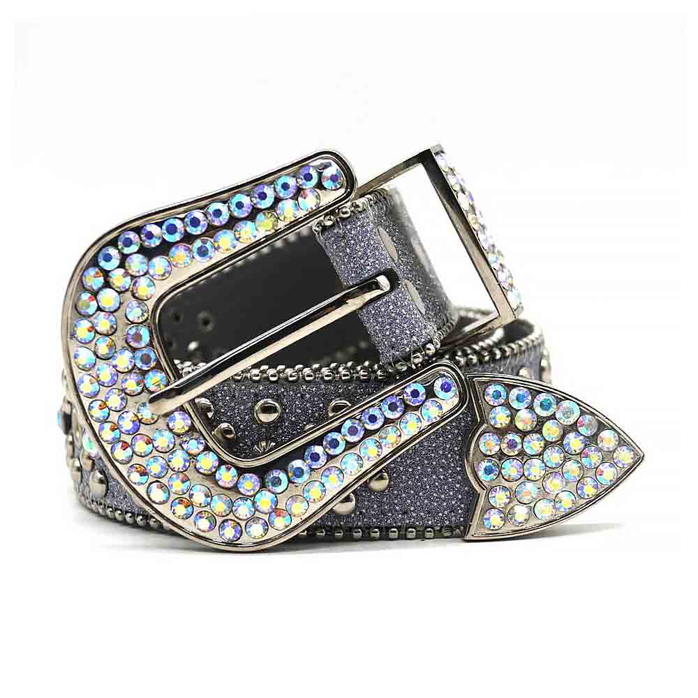 Grey Strap With Sparkly Faceted Crystal Multi Rhinestone Belt