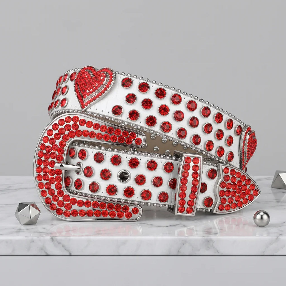 Rhinestone Belts USA Factory Luxury Design BB Alloy Buckle Red Rhinestone Hip Hop Fashion Belt for Men Women