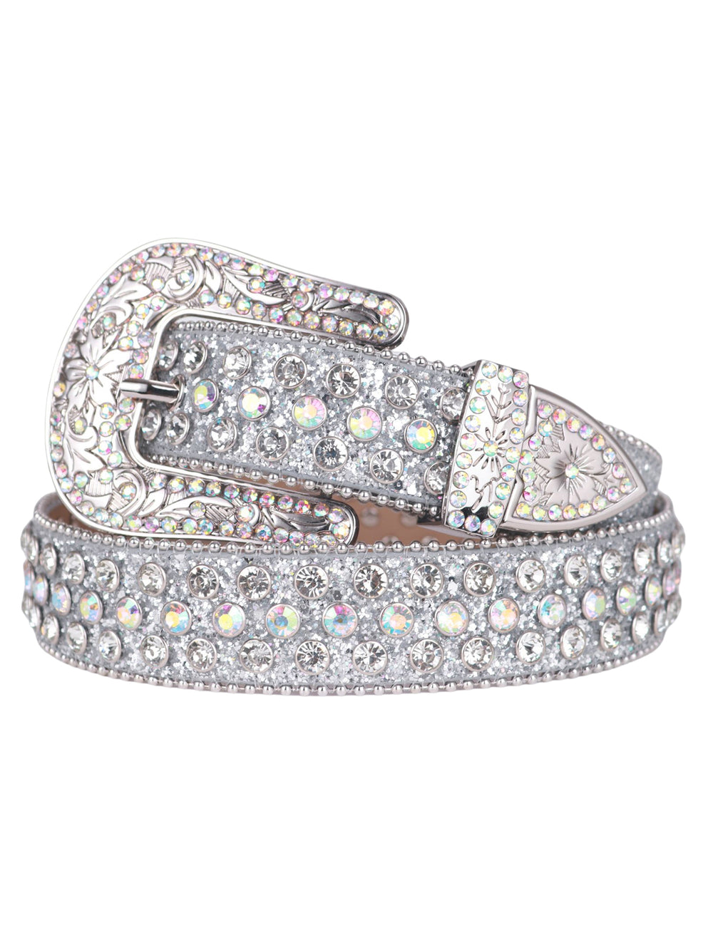 White Crystal Rhinestone Western Belt with Silver Buckle
