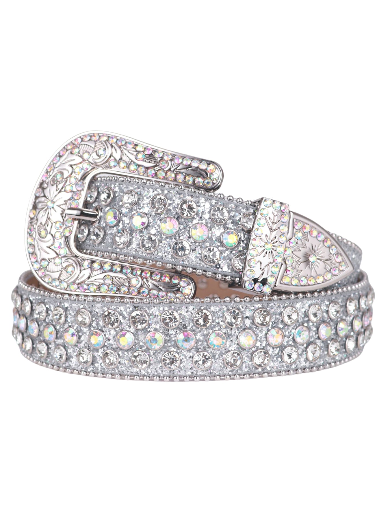 White Crystal Rhinestone Western Belt with Silver Buckle