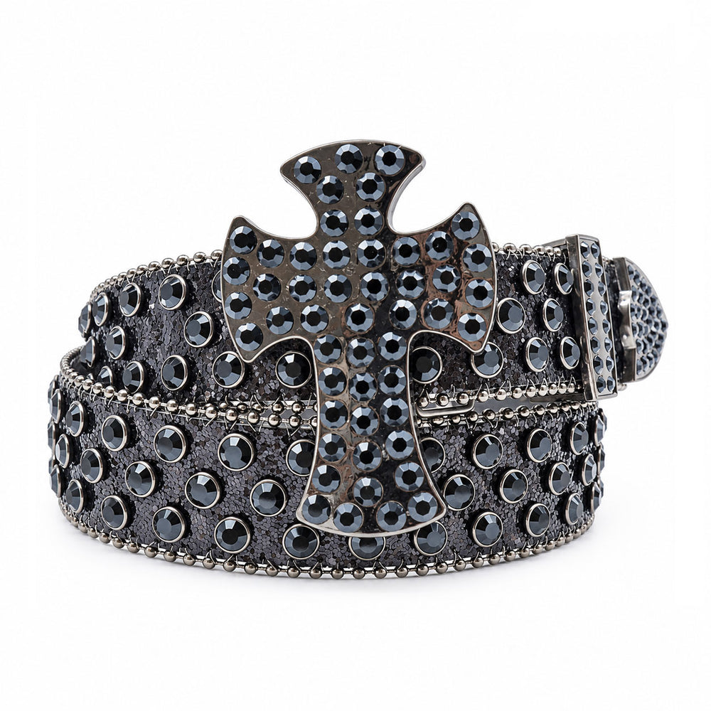 Black Glitter Crystal Rhinestone Western Belt with Gunmetal Cross Buckle