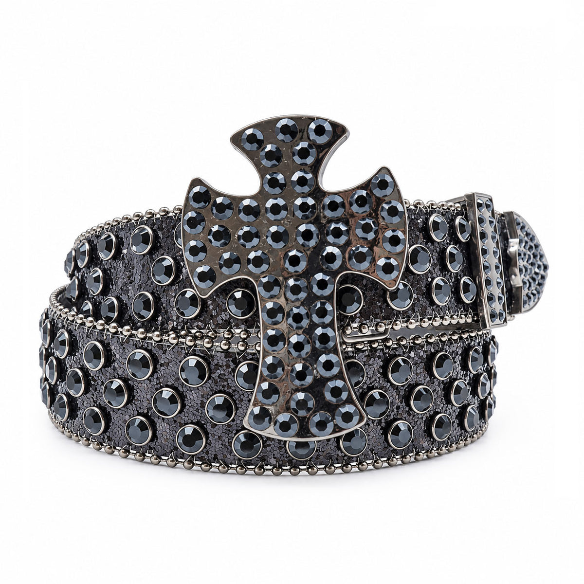Black Glitter Crystal Rhinestone Western Belt with Gunmetal Cross Buckle