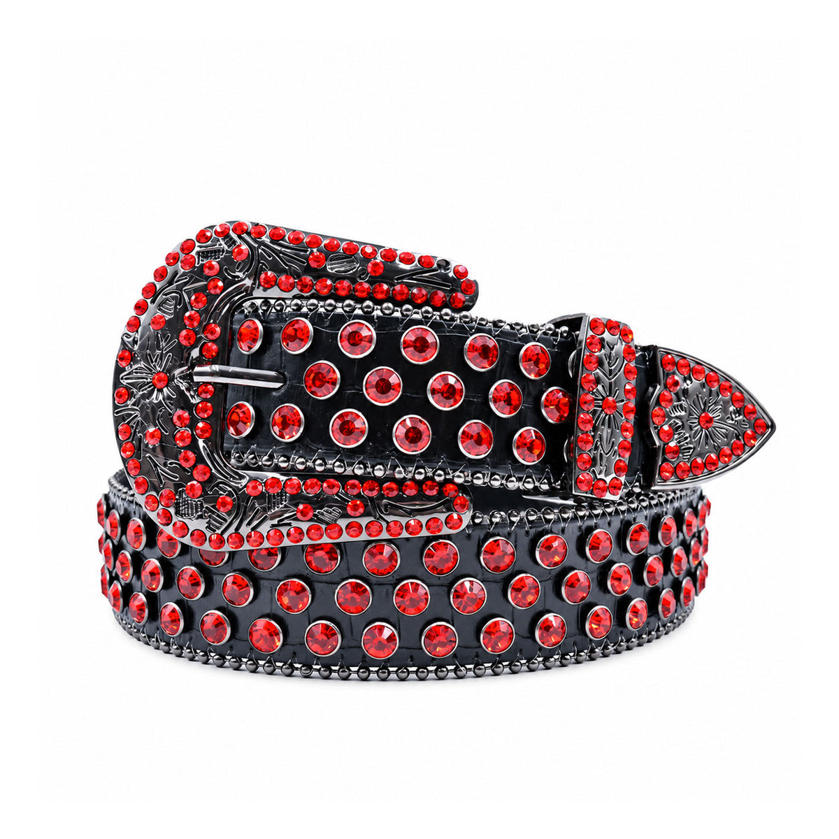 Red Crystal Rhinestone Western Belt with Engraved Gunmetal Buckle