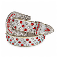 White & Red Crystal Rhinestone Western Belt with Ornate Silver Buckle