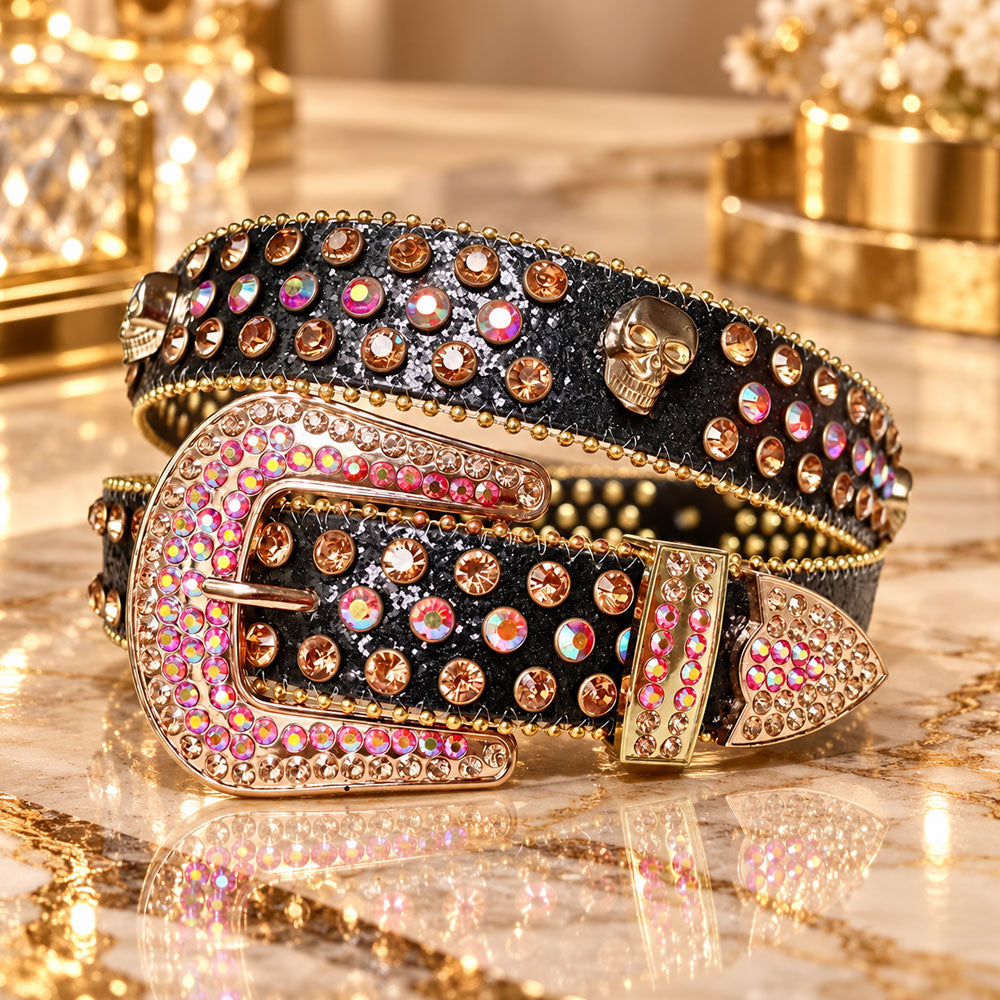 Gold Skull Crystal Rhinestone Western Belt - front view