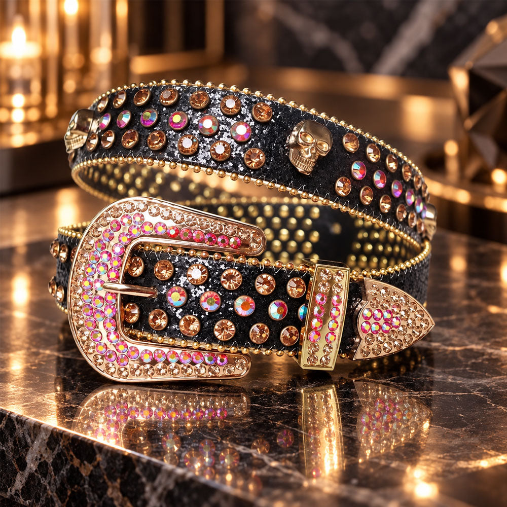 Gold Skull Crystal Rhinestone Western Belt - front view