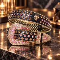 Gold Skull Crystal Rhinestone Western Belt - front view