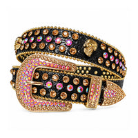 Gold Skull Crystal Rhinestone Western Belt - front view