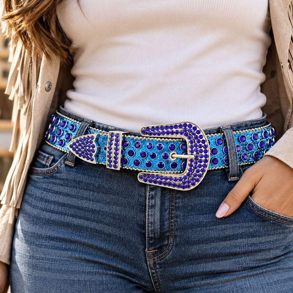 Royal Blue Crystal Rhinestone Western Belt - front view