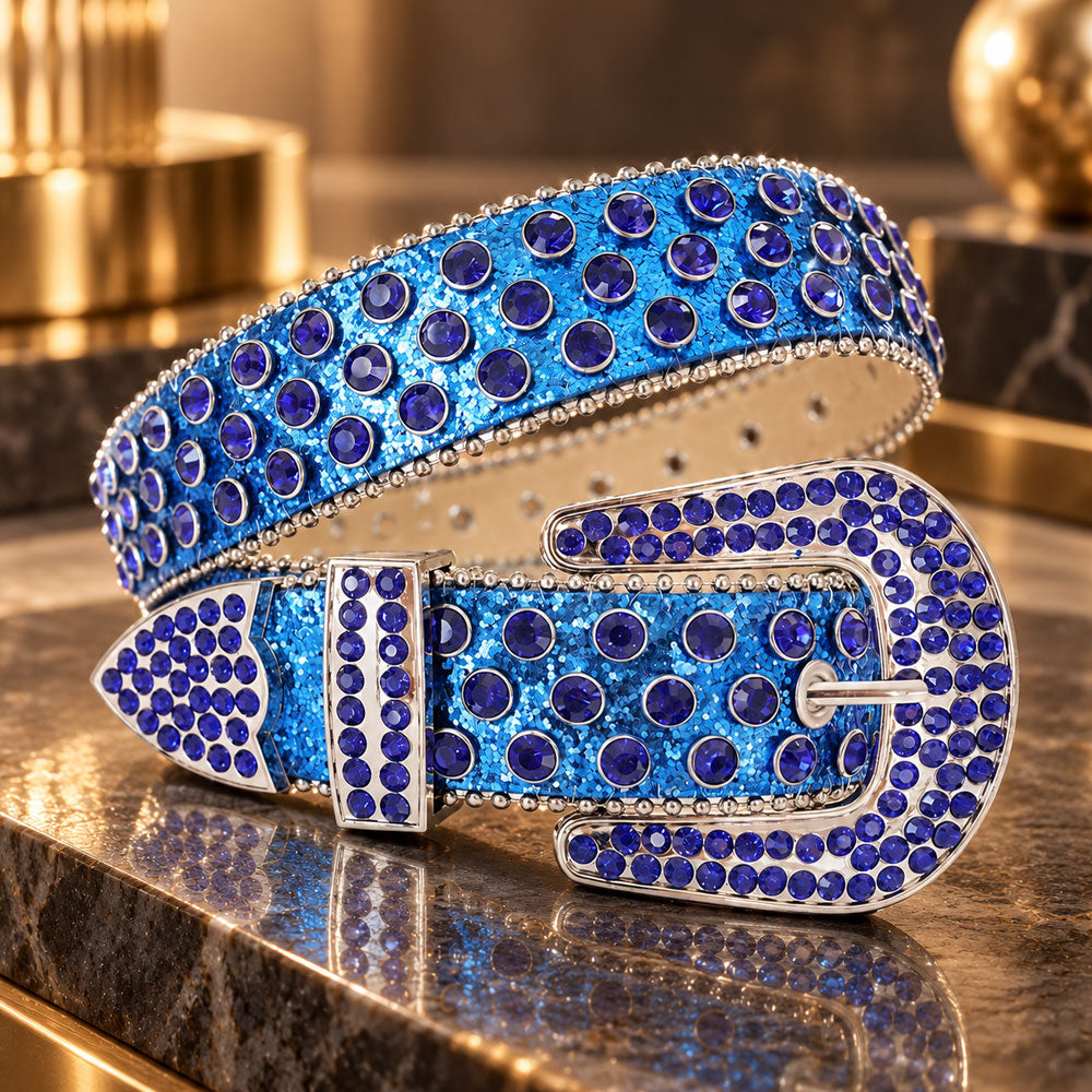 Royal Blue Crystal Rhinestone Western Belt - front view