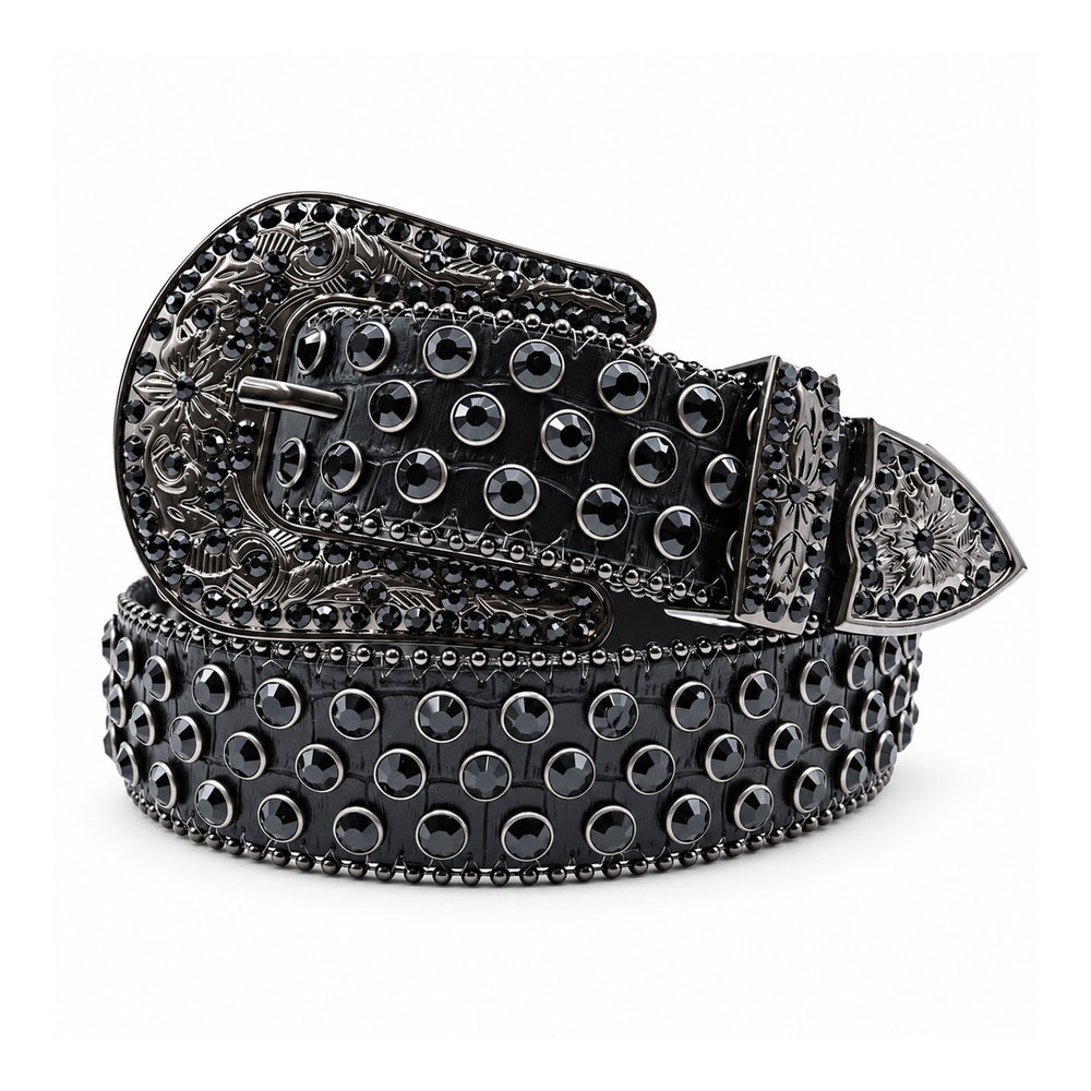 Black Crystal Rhinestone Western Belt with Engraved Gunmetal Buckle