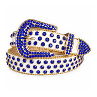 White & Blue Crystal Rhinestone Western Belt with Gold Buckle