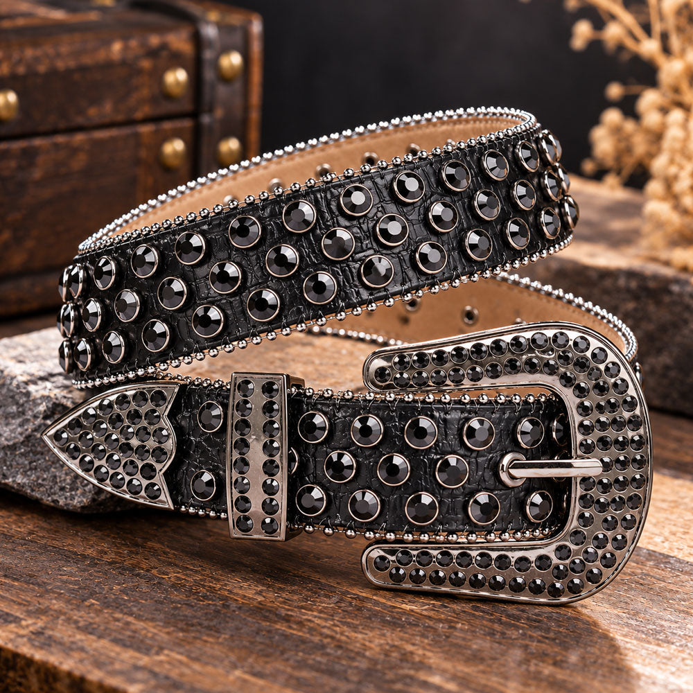 Jet Black Crystal Rhinestone Western Belt - front view