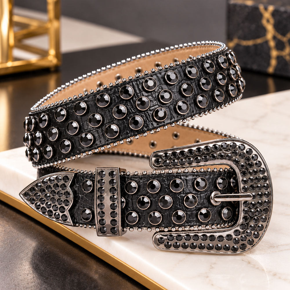 Jet Black Crystal Rhinestone Western Belt - front view