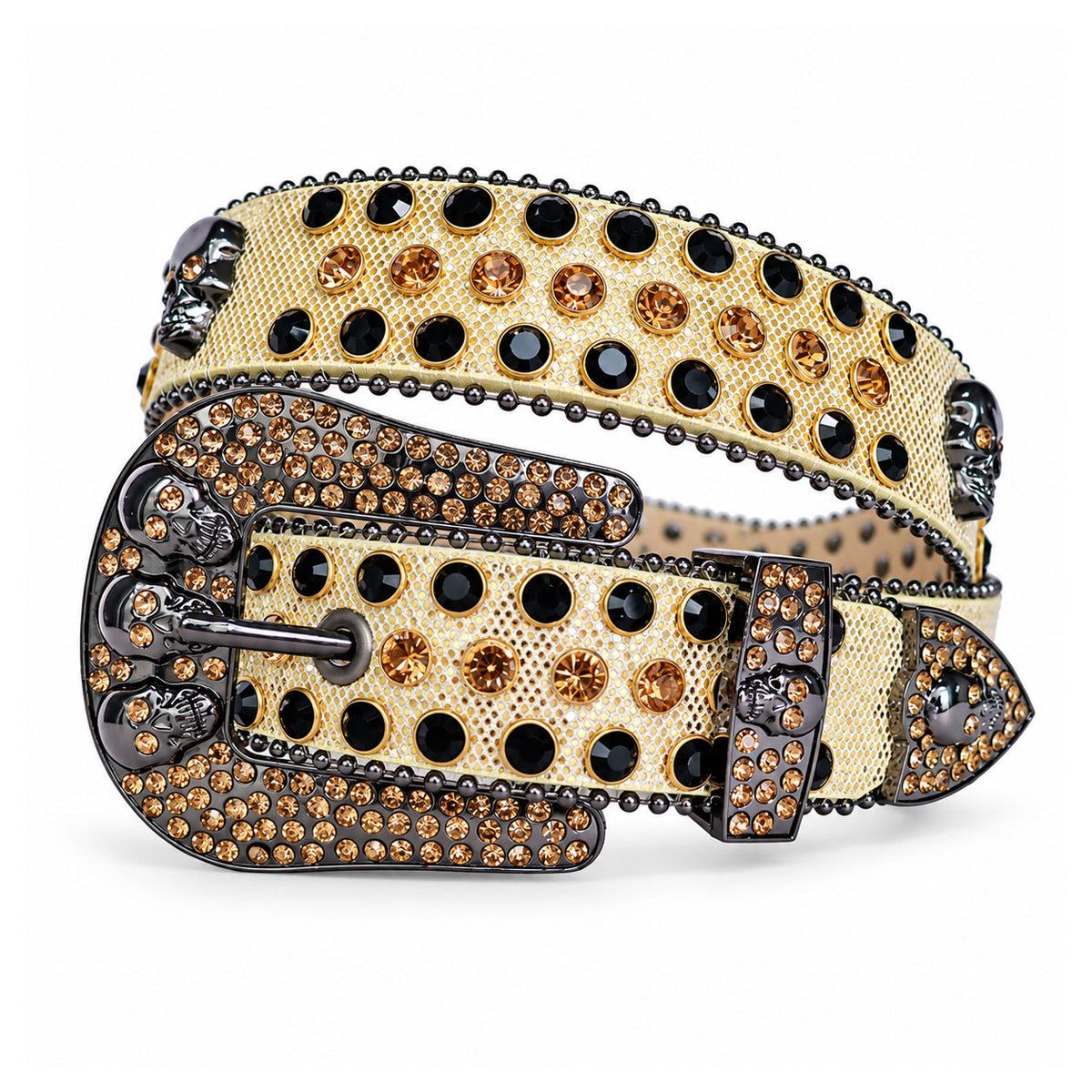 Cream & Gold Skull Crystal Rhinestone Western Belt