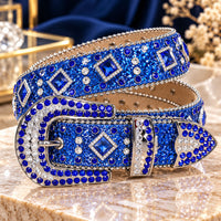 Blue Crystal Rhinestone Western Belt with Square Gem Accents - front view