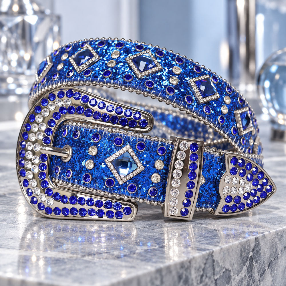 Blue Crystal Rhinestone Western Belt with Square Gem Accents - front view