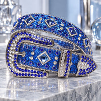 Blue Crystal Rhinestone Western Belt with Square Gem Accents - front view