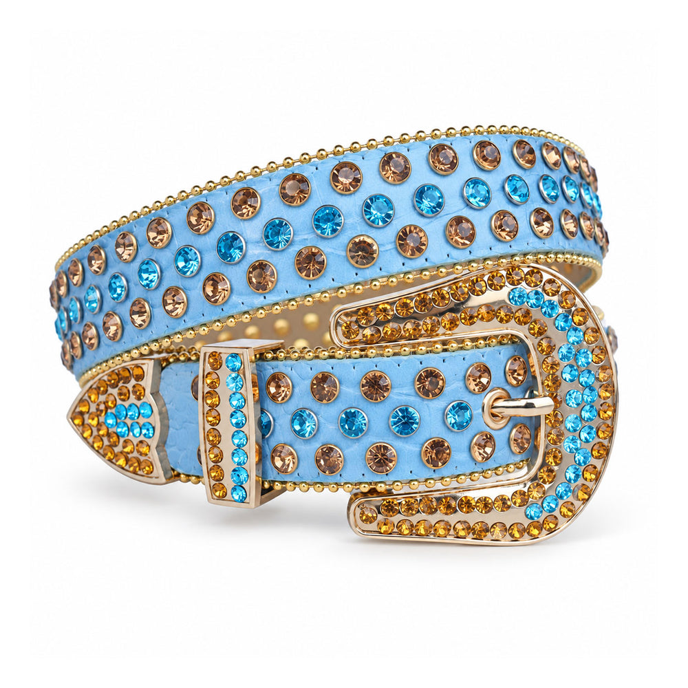 Blue & Amber Crystal Rhinestone Western Belt with Gold Buckle