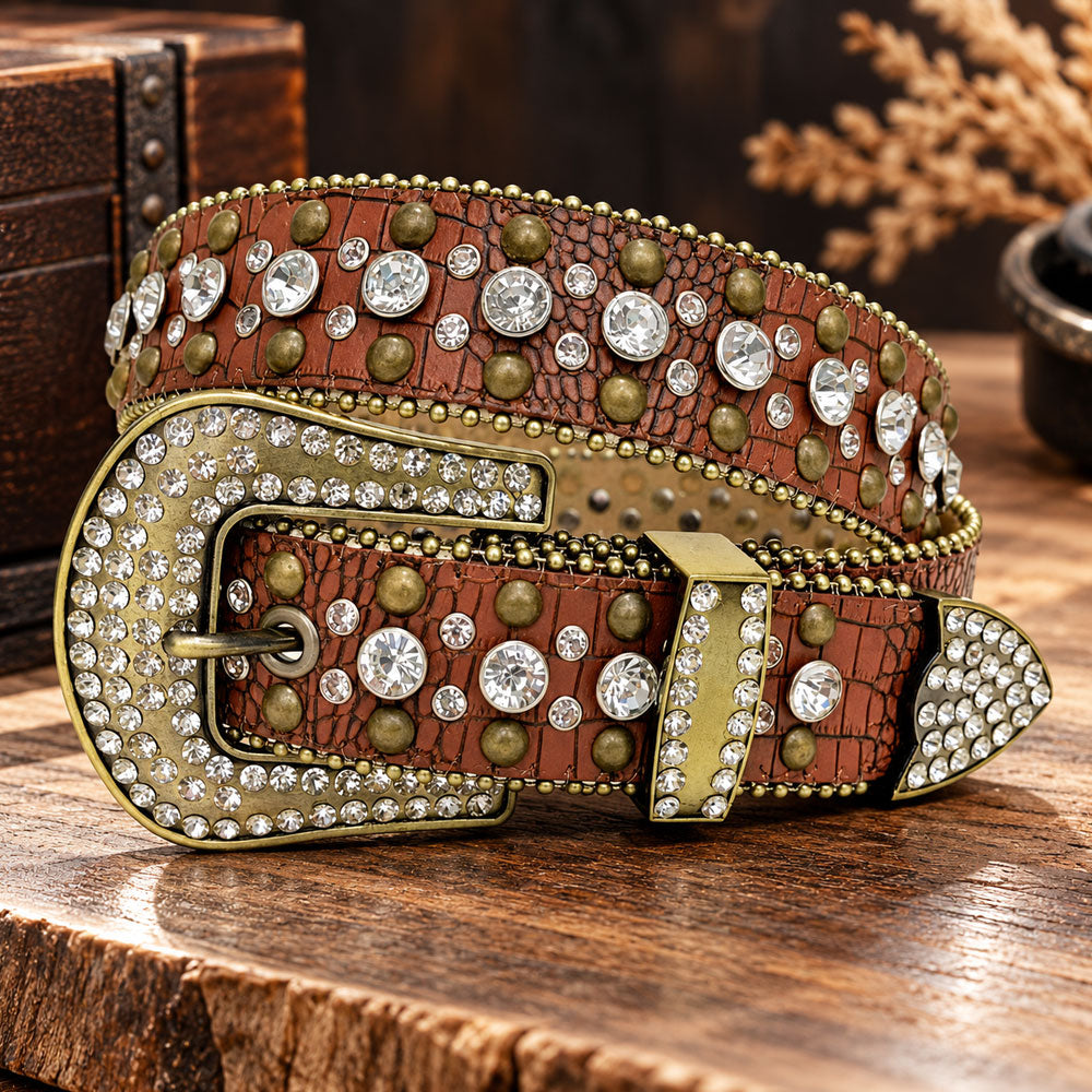 Brown Vintage Crystal Rhinestone Western Belt with Antique Gold Buckle - front view