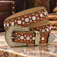 Brown Vintage Crystal Rhinestone Western Belt with Antique Gold Buckle - front view