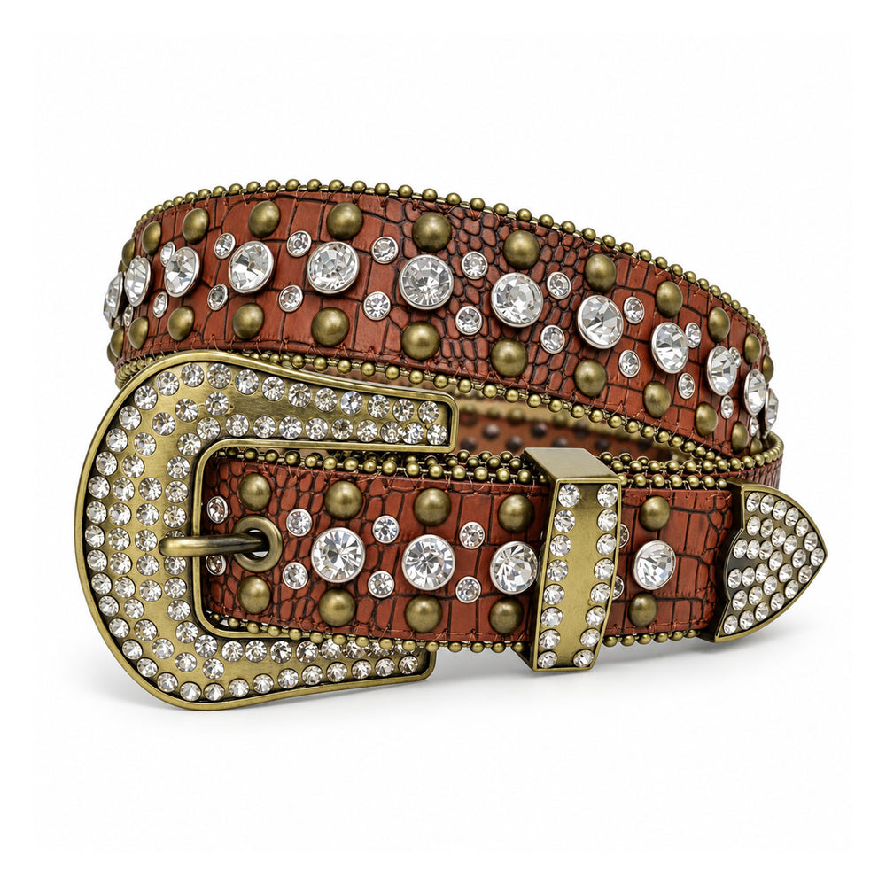 Brown Vintage Crystal Rhinestone Western Belt with Antique Gold Buckle