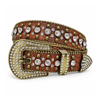 Brown Vintage Crystal Rhinestone Western Belt with Antique Gold Buckle