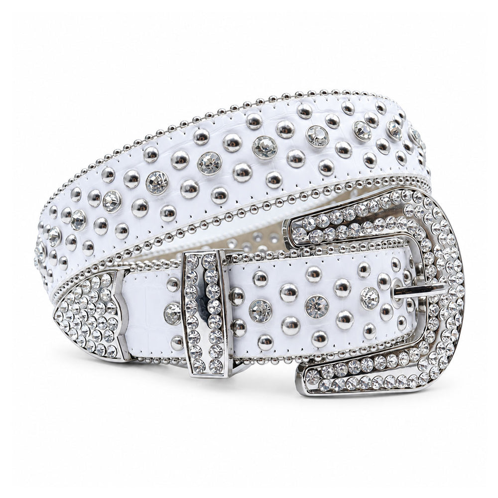White Crystal Rhinestone Western Belt with Silver Buckle