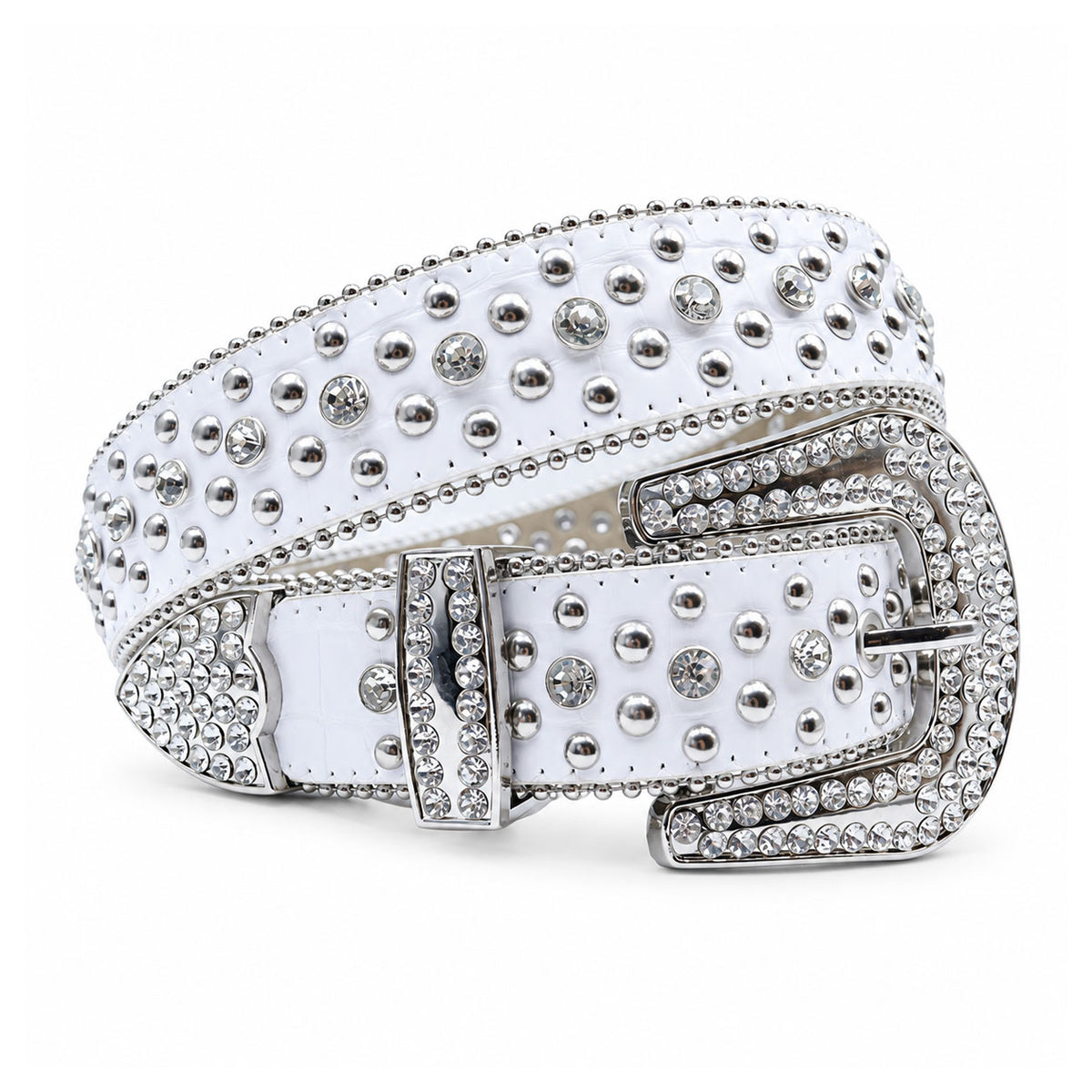 White Crystal Rhinestone Western Belt with Silver Buckle