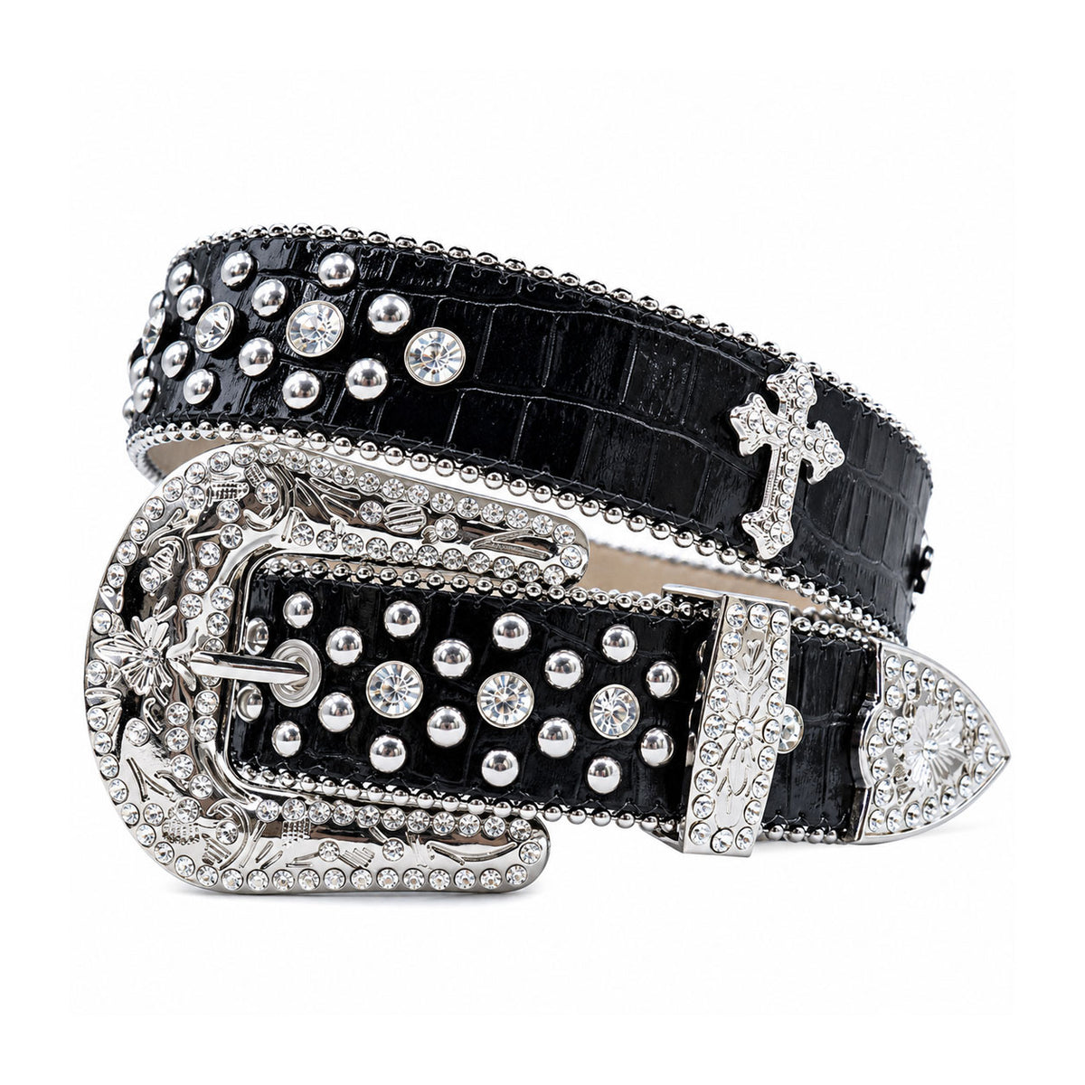 Black Croc Crystal Rhinestone Western Belt with Engraved Buckle and Cross Concho