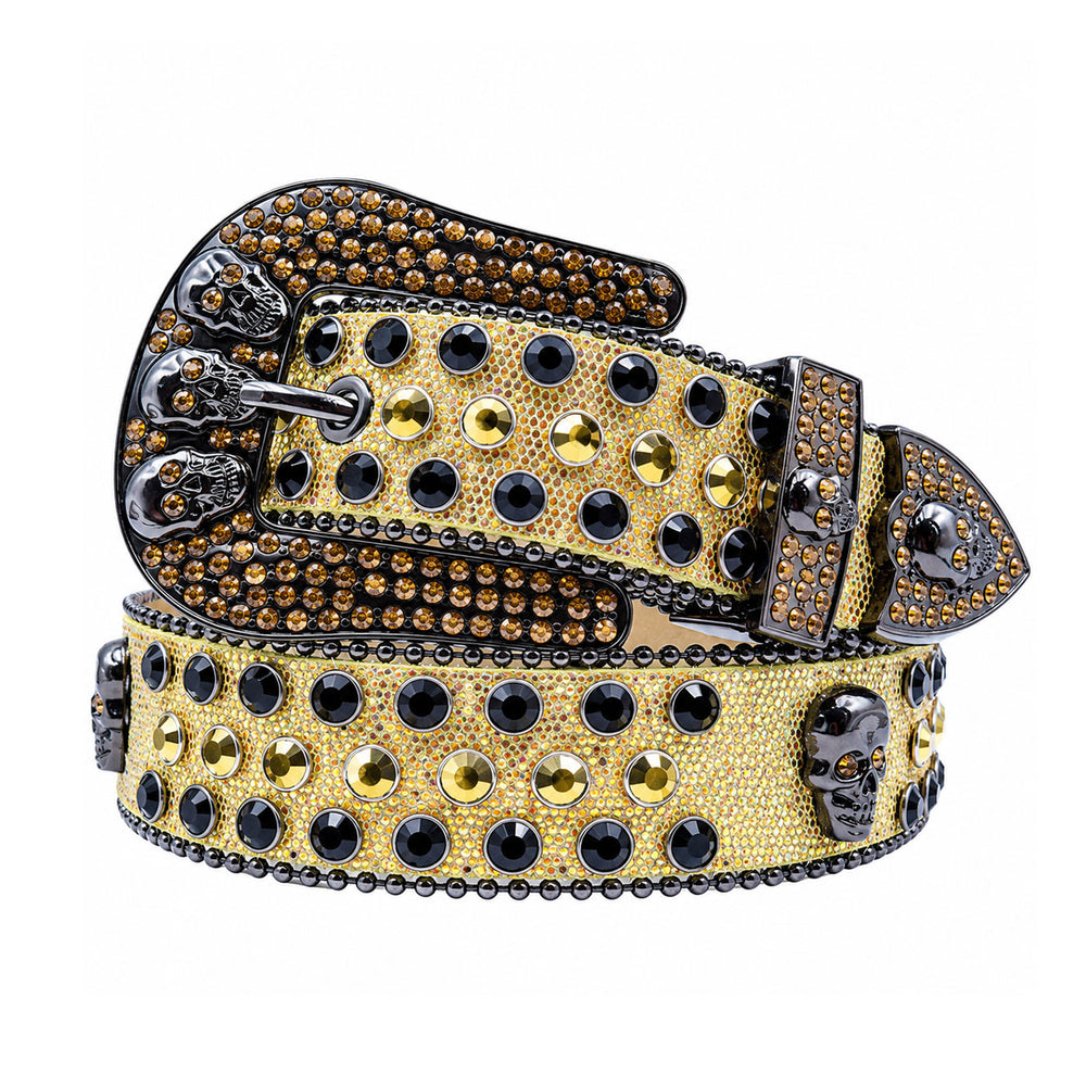 Gold Glitter Crystal Rhinestone Western Belt with Skull Buckle