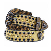 Gold Glitter Crystal Rhinestone Western Belt with Skull Buckle