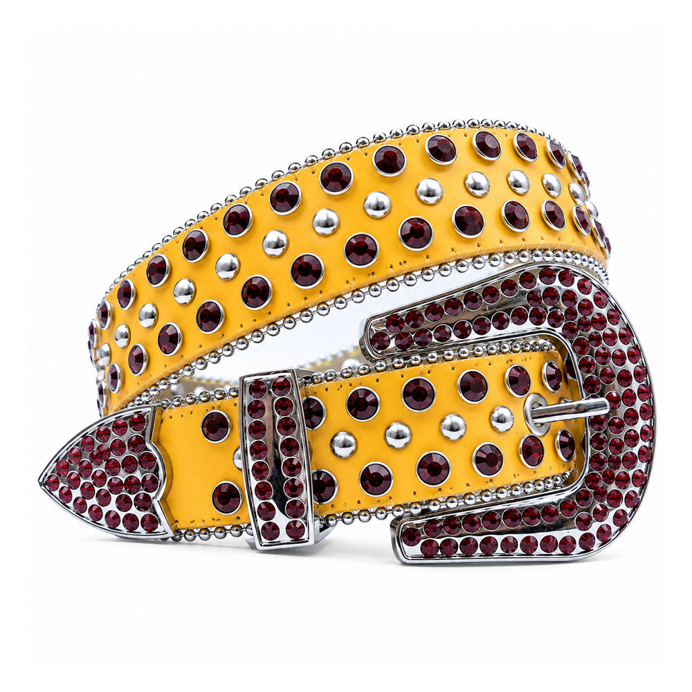 Yellow Crystal Rhinestone Western Belt with Burgundy Crystal Buckle