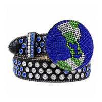 Black Crystal Rhinestone Western Belt with Blue Globe Buckle