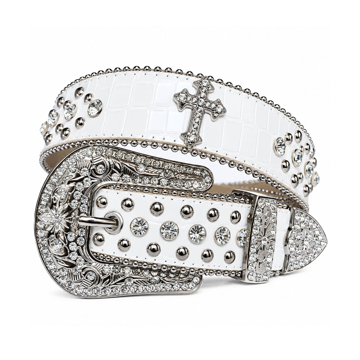 White Croc Crystal Rhinestone Western Belt with Engraved Buckle and Cross Concho