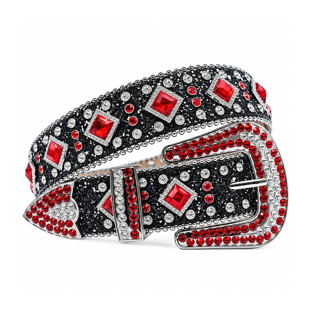 Black Glitter Crystal Rhinestone Western Belt with Red Square Gems