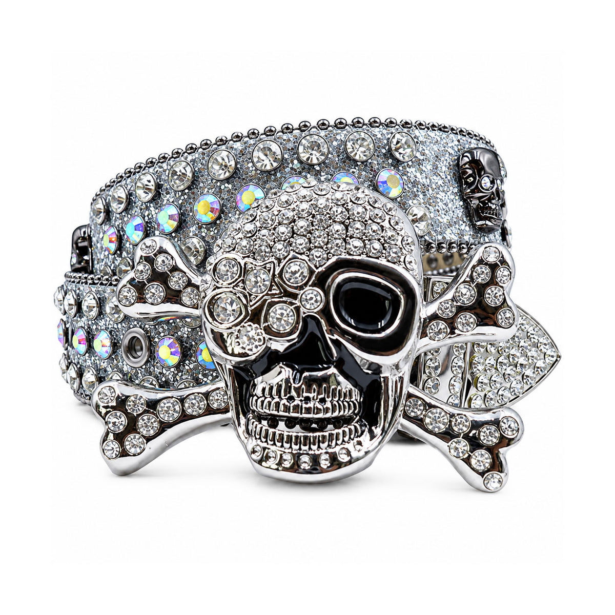 Silver Glitter Crystal Rhinestone Western Belt with Skull & Crossbones Buckle