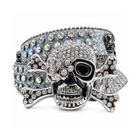 Silver Glitter Crystal Rhinestone Western Belt with Skull & Crossbones Buckle
