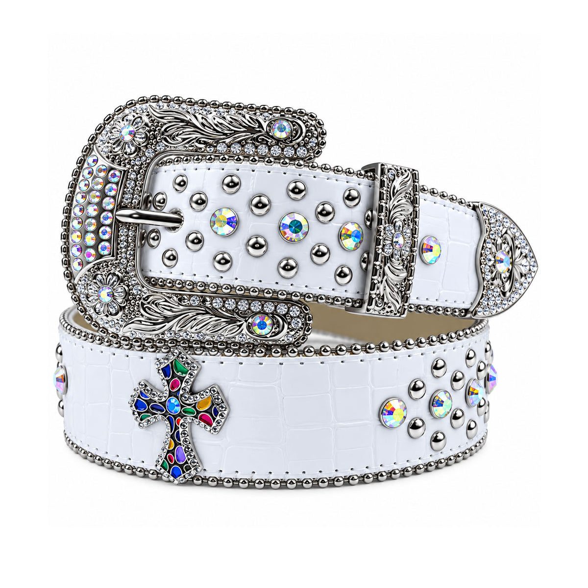 White Croc Crystal Rhinestone Western Belt with Engraved Buckle and Multicolor Cross Concho