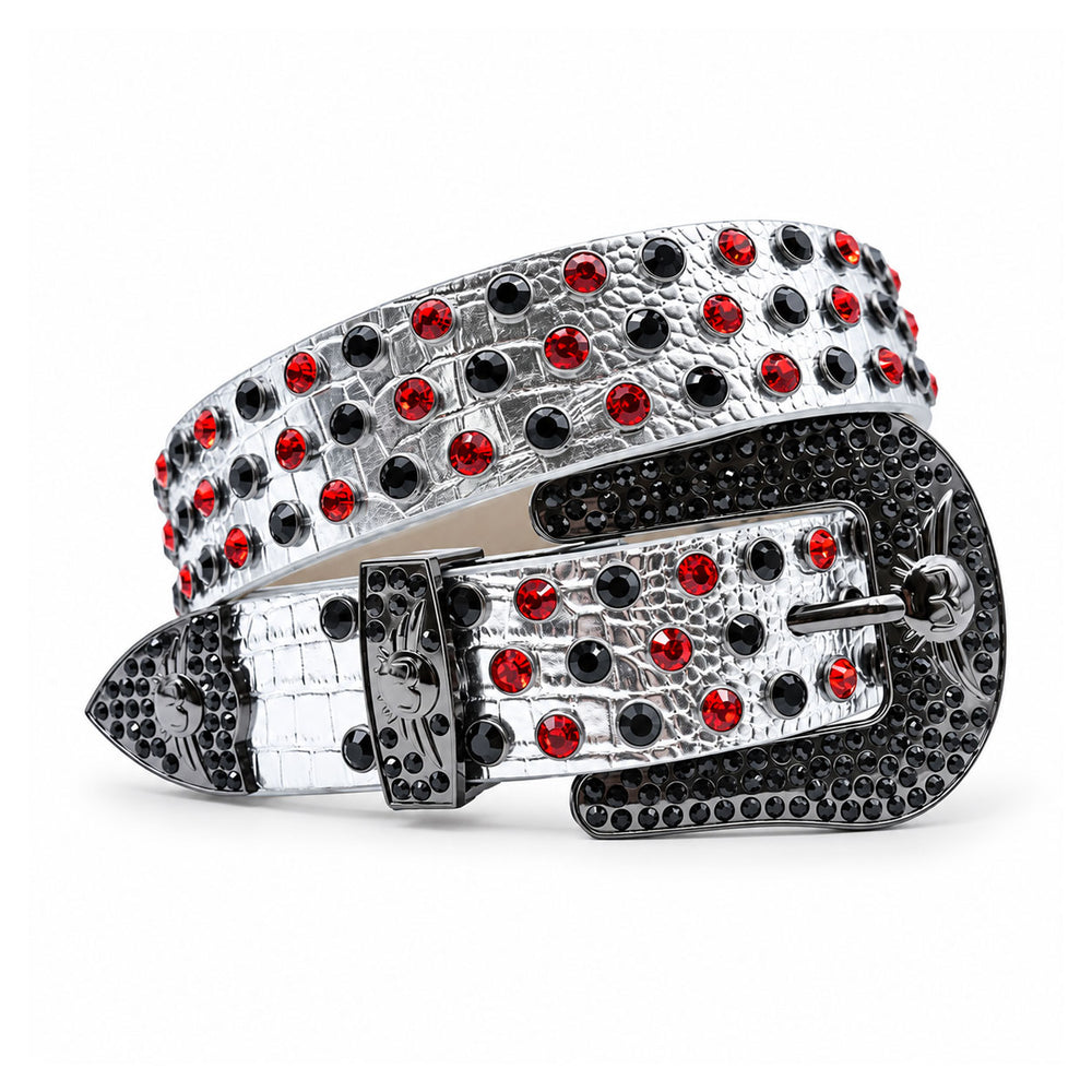 Silver Red & Black Crystal Rhinestone Western Belt
