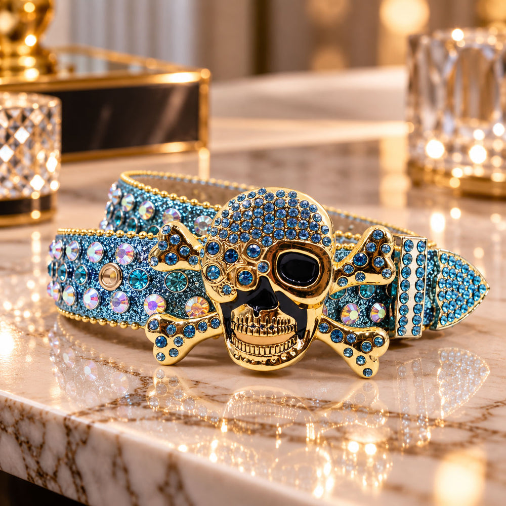 Blue Skull & Crossbones Crystal Rhinestone Western Belt - front view