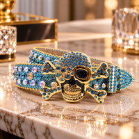 Blue Skull & Crossbones Crystal Rhinestone Western Belt - front view