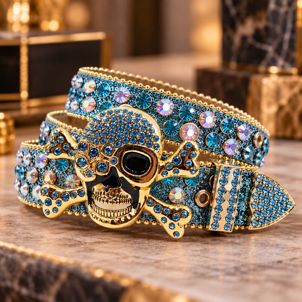 Blue Skull & Crossbones Crystal Rhinestone Western Belt - front view